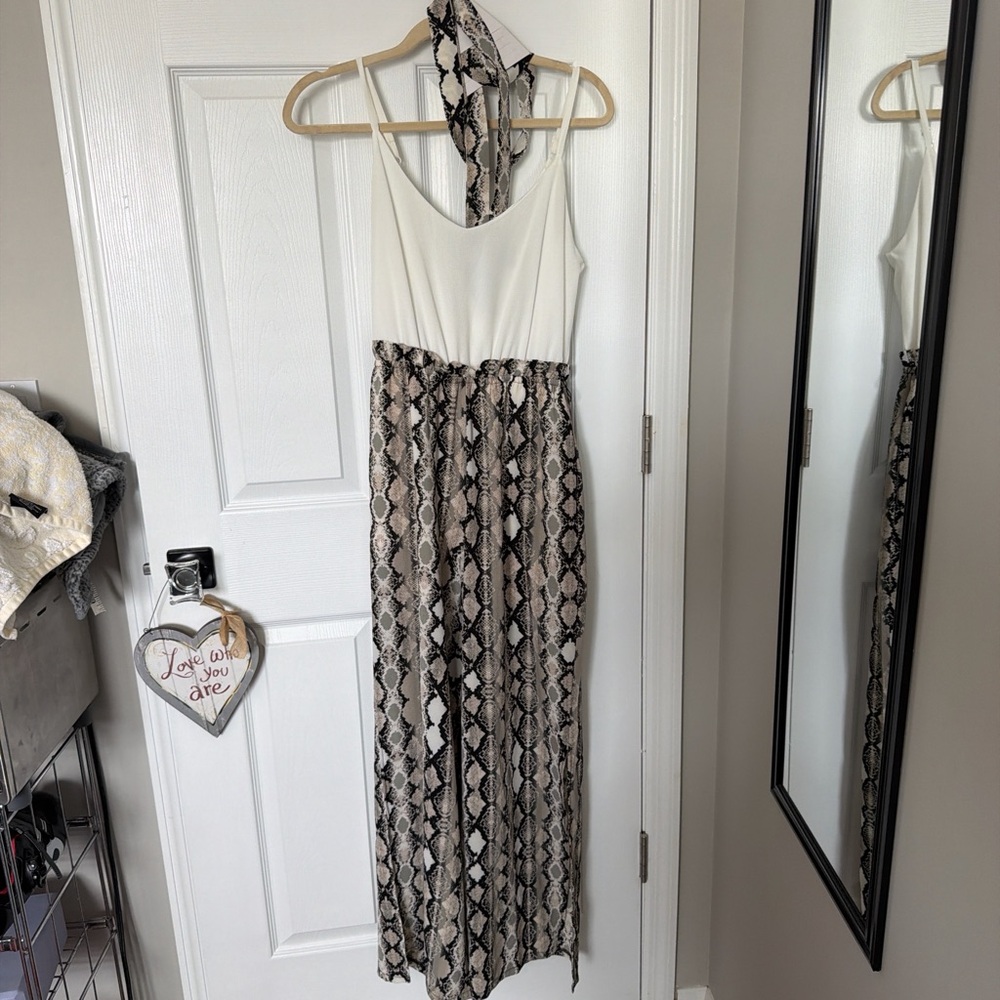 White and Snake-Print Maxi Dress with Halter Tie